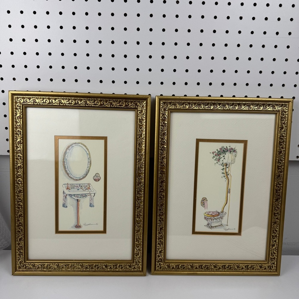 Vintage Peggy Abrams Bathroom Art Prints Set of 2 Gold Ornate Frames Victorian